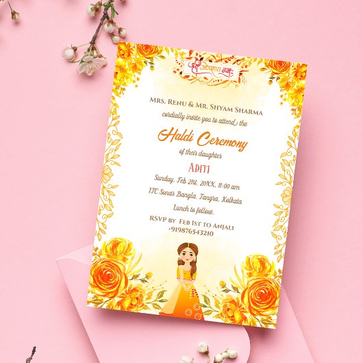 Invitation Cérémonie indienne hindou de la mariée Haldi Ganes