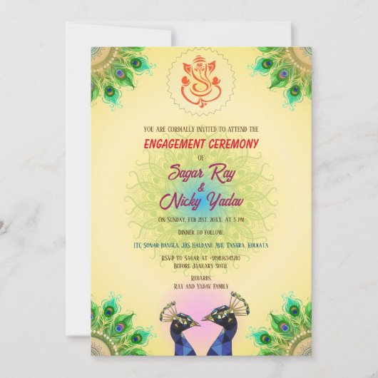 Invitation Cérémonie indienne hindou du Fiançailles Peacock C (Devant)