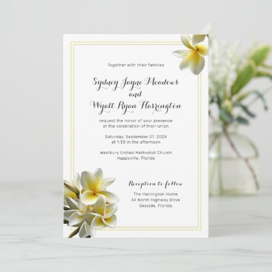 Invitation Cérémonie Mariage des fleurs de la Plumeria jaune (Debout devant)