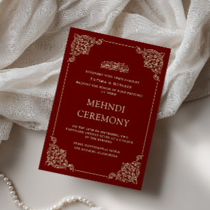 Invitation Cérémonie Mehndi Antique Baroque Or Bourgogne Roug