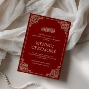 Invitation Cérémonie Mehndi au henné rouge baroque élégant de