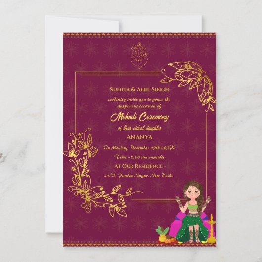 Invitation Cérémonie Mehndi de la mariée indienne élément dor (Devant)