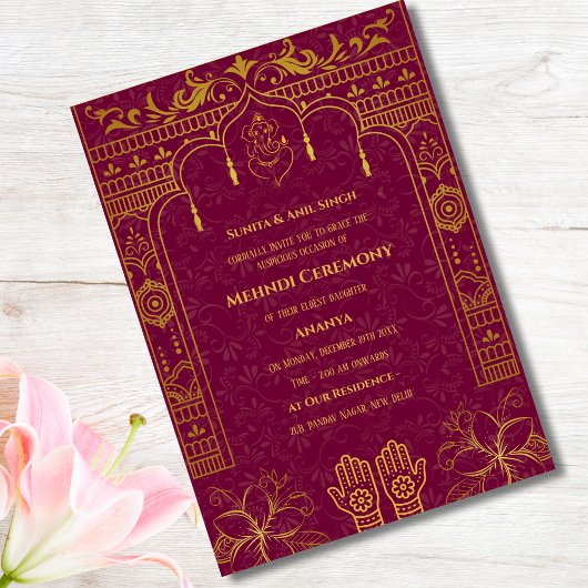 Invitation Cérémonie Mehndi de la mariée indienne éléments do