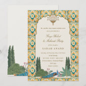 Invitation Cérémonie Mehndi Indienne Jaune Vert Classe Ornée  (Devant / Derrière)