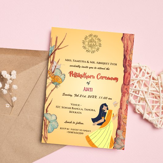 Invitation Cérémonie Pellikuthuru de la mariée hindoue sud-in