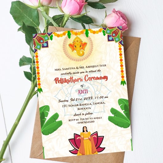 Invitation Cérémonie Pellikuthuru de la mariée hindoue sud-in