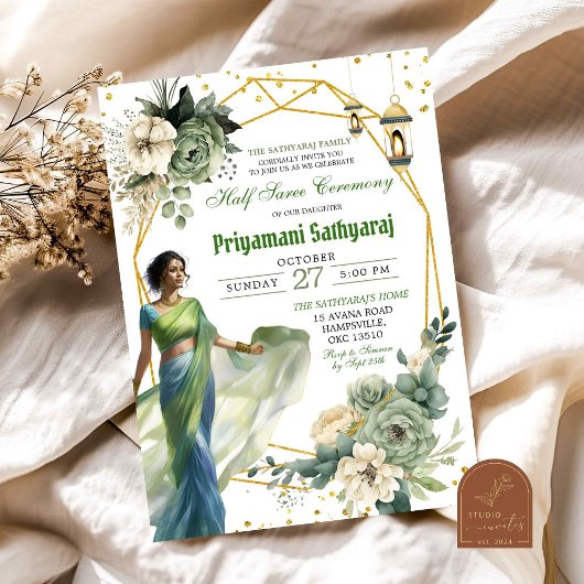 Invitation Cérémonie Sage Green Floral Half Saree India