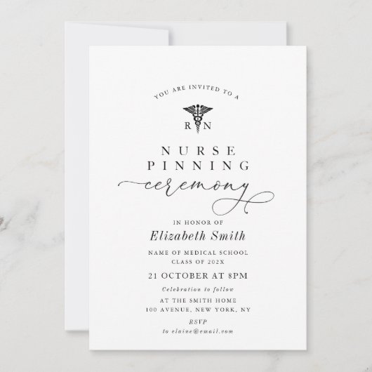 Invitation cérémonie simple d'épinglage d'infirmière en noir (Devant)