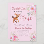 Invitation Cerf 1er anniversaire Cosmo rose Floral (Devant / Derrière)