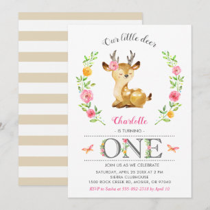 Invitation Cerf Baby Girl Woodland Floral 1er Anniversaire