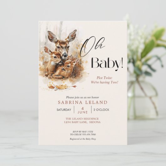 Invitation Cerf d'aquarelle rustique et crevettes jumelles (Debout devant)