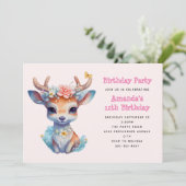 Invitation Cerf de Bébé mignon avec Antlers et Fleurs Anniver (Debout devant)