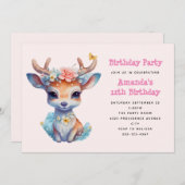 Invitation Cerf de Bébé mignon avec Antlers et Fleurs Anniver (Devant / Derrière)