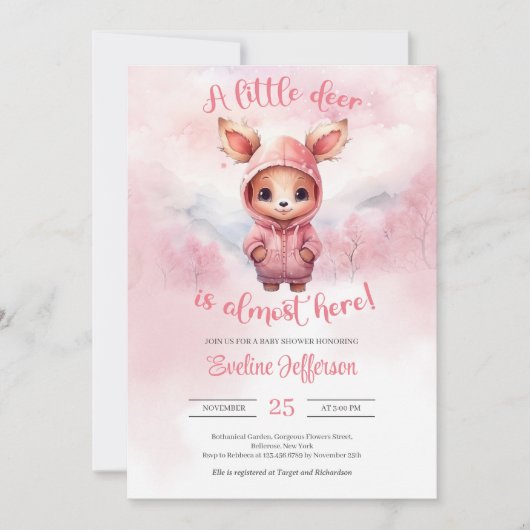 Invitation Cerf de bébé rose aquarelle avec sweatshirt (Devant)