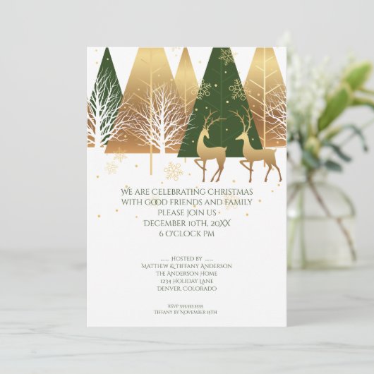 Invitation Cerf de bois vert or moderne (Debout devant)