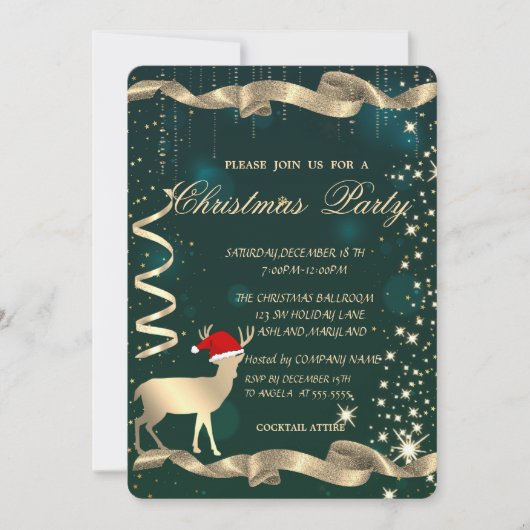 Invitation Cerf de Noël d'or, Éperche, Soirée de Noël verte (Devant)