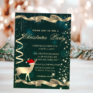 Invitation Cerf de Noël doré, Paillettes, Fête de Noël verte