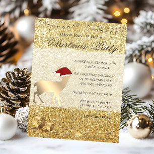 Invitation Cerf de Noël élégant, Pailleté, Fête de Noël