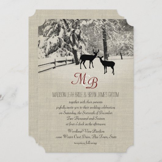 Invitation Cerf d'hiver avec Monogramme (Devant / Derrière)