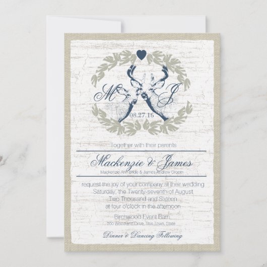 Invitation Cerf en couronne avec Monogram Navy Blue (Devant)