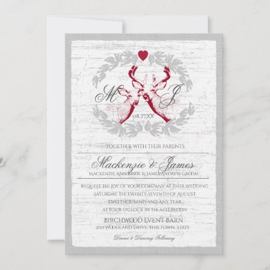 Invitation Cerf en couronne avec Monogramme Argent et Rouge (Devant)