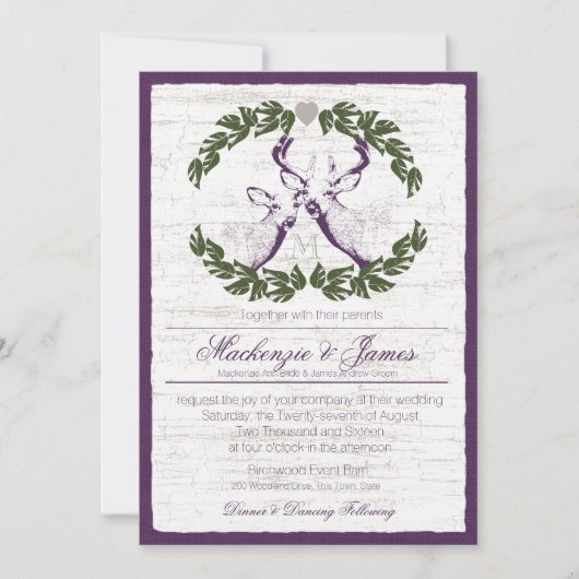 Invitation Cerf en couronne avec Plum Monogram (Devant)
