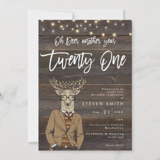 Invitation cerf feux de bois rustique 21e anniversaire (Devant)