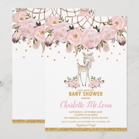 Invitation Cerf Floral Dream Catcher Baby shower Boho Girl (Devant / Derrière)