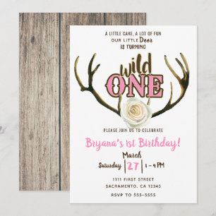 Invitation Cerf Fou Bois de Rose Rose Clair 1er Anniversaire
