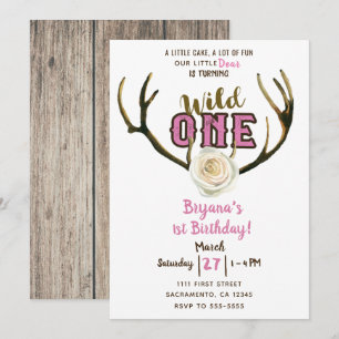 Invitation Cerf Fou Bois de Rose Rose Clair 1er Anniversaire