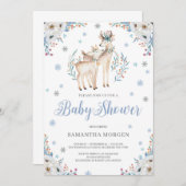 Invitation Cerf Hiver Bleu Floral Argent baby shower rustique (Devant / Derrière)