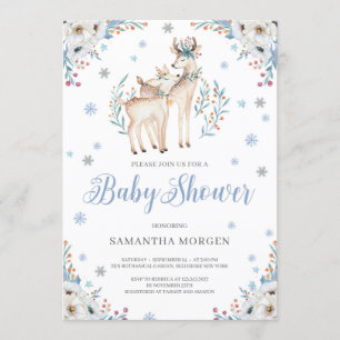 Invitation Cerf Hiver Bleu Floral Argent baby shower rustique