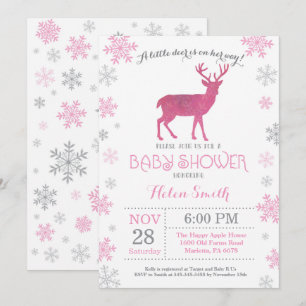 Invitation Cerf Hiver Rose Fille Baby Shower Flocon de Neige