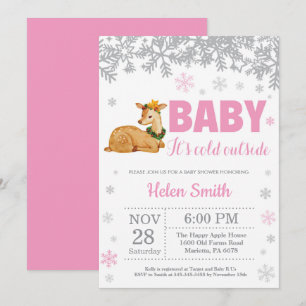 Invitation Cerf Hiver Rose Fille Baby Shower Flocon de Neige