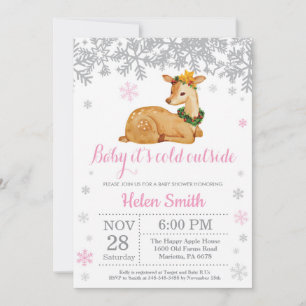 Invitation Cerf Hiver Rose Fille Baby Shower Flocon de Neige