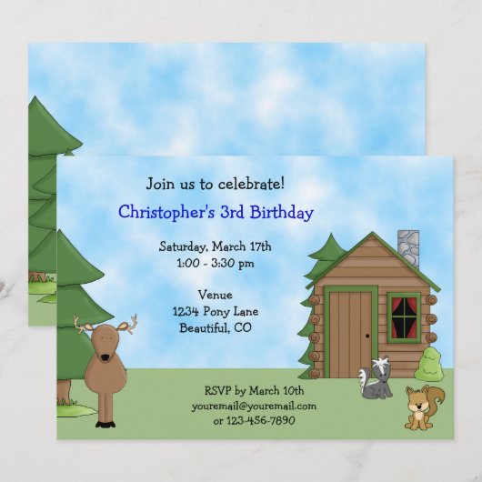 Invitation Cerf mignon, Animaux des bois et Anniversaire Cabi (Devant / Derrière)
