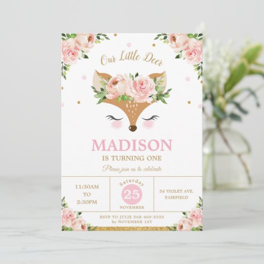Invitation Cerf Rose Floral Animaux de la forêt (Debout devant)