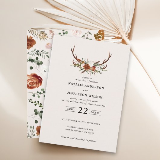 Invitation Cerf rouille terre cuite floral rustique élégant m