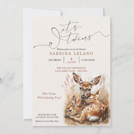 Invitation Cerfs et Faons Jumeaux Aquarelle Rustique (Devant)
