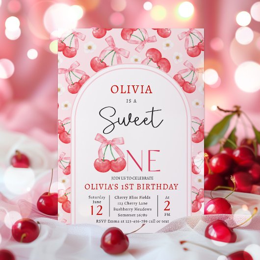 Invitation Cerise 1er anniversaire fête Coquette Cerise Anniv