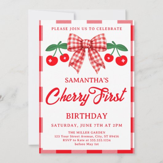 Invitation Cerise 1er Anniversaire Rouge Ruban Gingham (Devant)