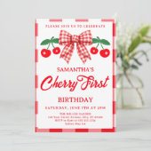 Invitation Cerise 1er Anniversaire Rouge Ruban Gingham (Debout devant)