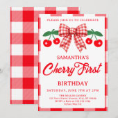 Invitation Cerise 1er Anniversaire Rouge Ruban Gingham (Devant / Derrière)
