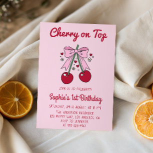 Invitation Cerise à Ruban Rose Clair pour le 1er Anniversaire