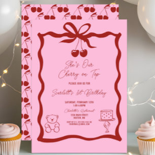 Invitation Cerise chic sur le dessus Bow rose et rouge 1er an
