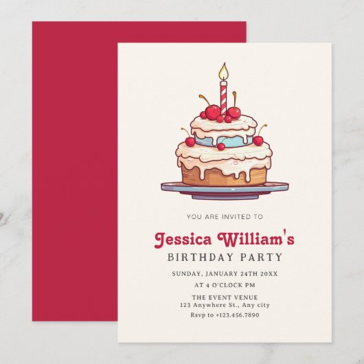 Invitation Cerise de gâteau d'anniversaire (Devant / Derrière)