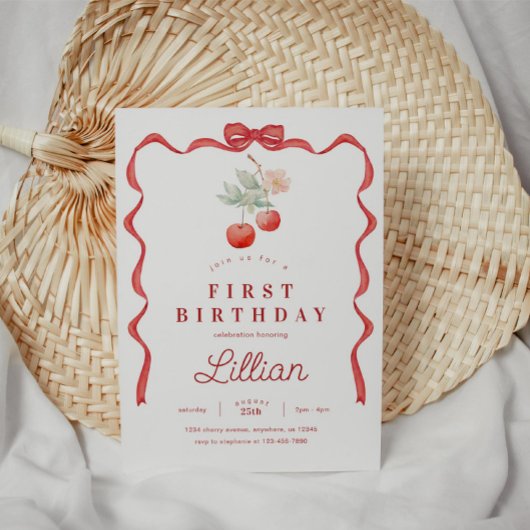 Invitation Cerise et cadre de ruban rouge Anniversaire