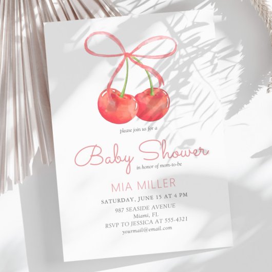 Invitation Cerise et ruban rose Baby shower fille d'aquarelle