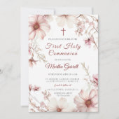 Invitation Cerise Fleur Rose et Blanc Première Communion Sain (Devant)