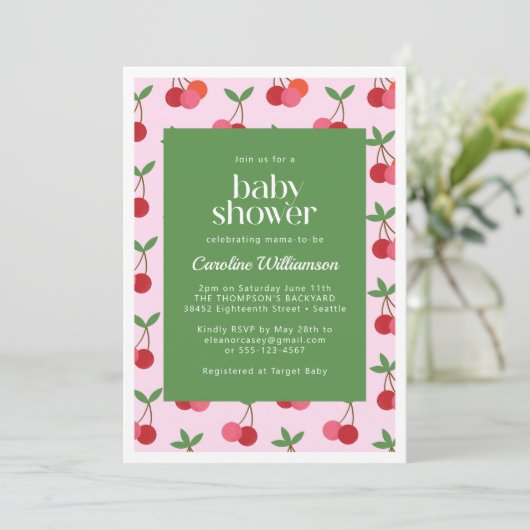 Invitation Cerise Fruit Rouge rose Vert mignonne Baby shower (Debout devant)